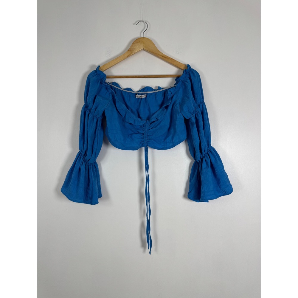 Boho Glamaker Womens Medium Crop Top Blue Bell Sleeve Cinch Front Smocked